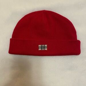 Burberry Red Knit Beanie Hat with Plaid Logo Detail